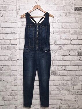 Bluenotes Denim Overalls Jumpsuit Zip Front Fitted Dark Wash - Size Small